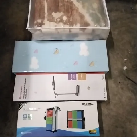 PALLET OF HOUSEHOLD ITEMS TO INCLUDE RUG,BABY DOLL,INTELLIGENT DESK LAMP, STORAGE STAND AND OTHER ASSORTED ITEMS...