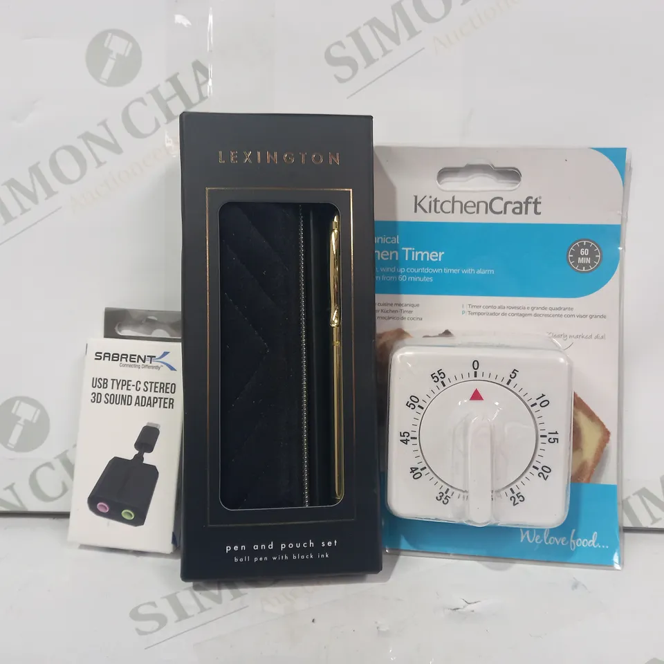 LOT OF APPROXIMATELY 10 ASSORTED HOUSEHOLD ITEMS TO INCLUDE KITCHEN CRAFT TIME, LEXINGTON PEN AND POUCH SET, USB TYPE-C STEREO 3D SOUND ADAPTER, ETC