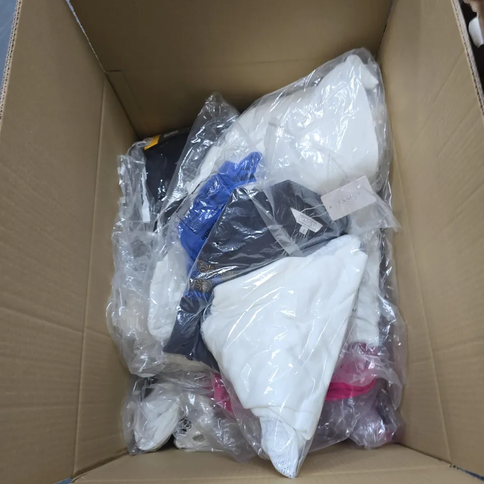 BOX OF APPROXIMATELY 20 ASSORTED CLOTHING ITEMS IN VARIOUS STYLES , COLOURS AND SIZES