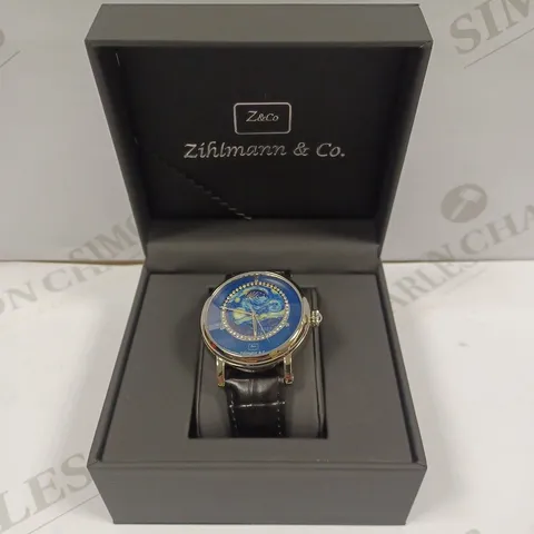 MENS ZIHLMANN & CO AUTOMATIC WATCH – Z150 – MOONPHASE DIAL – GLASS EXHIBITION BACKCASE - SILVER COLOUR CASE – BLACK LEATHER STRAP