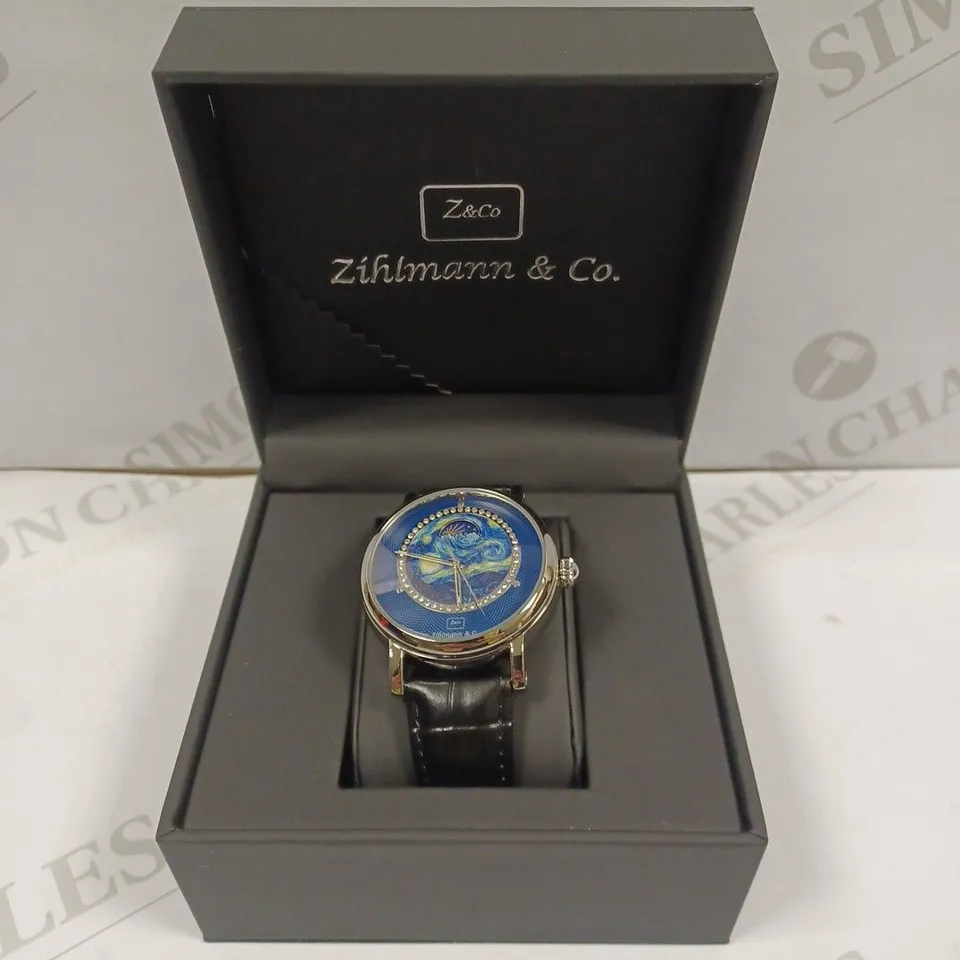 MENS ZIHLMANN & CO AUTOMATIC WATCH – Z150 – MOONPHASE DIAL – GLASS EXHIBITION BACKCASE - SILVER COLOUR CASE – BLACK LEATHER STRAP