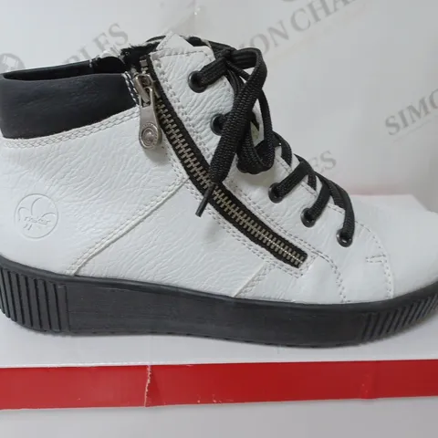 BOXED PAIR OF RIEKER HIGH TOP CUFFED TRAINERS WHITE SIZE 6