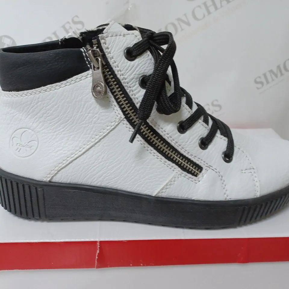BOXED PAIR OF RIEKER HIGH TOP CUFFED TRAINERS WHITE SIZE 6