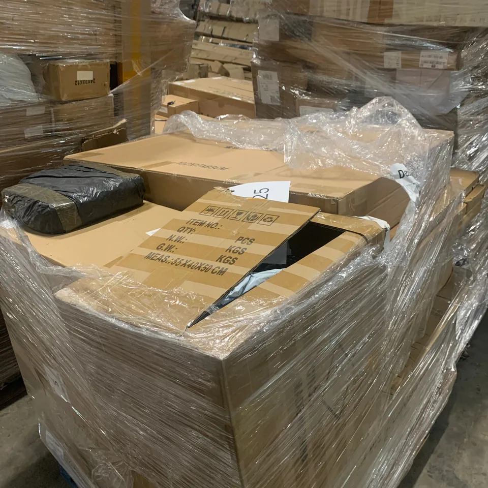 PALLET OF ASSORTED ITEMS TO INCLUDE FLATPACK FURNITURE, SILVER LINED FABRICS AND MULTIPURPOSE LADDER