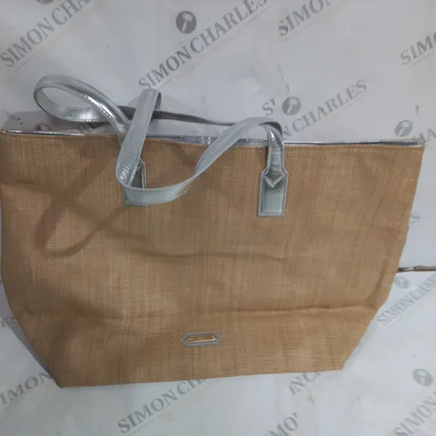 RUTH LANGSFORD BEIGE BEACH TOTE BLACK INTERIOR AND SILVER ACCENTS WITH SILVER PURSE
