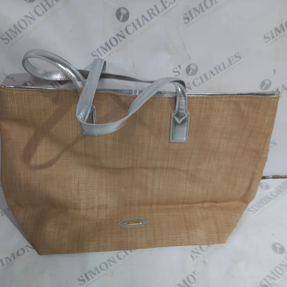 RUTH LANGSFORD BEIGE BEACH TOTE BLACK INTERIOR AND SILVER ACCENTS WITH SILVER PURSE