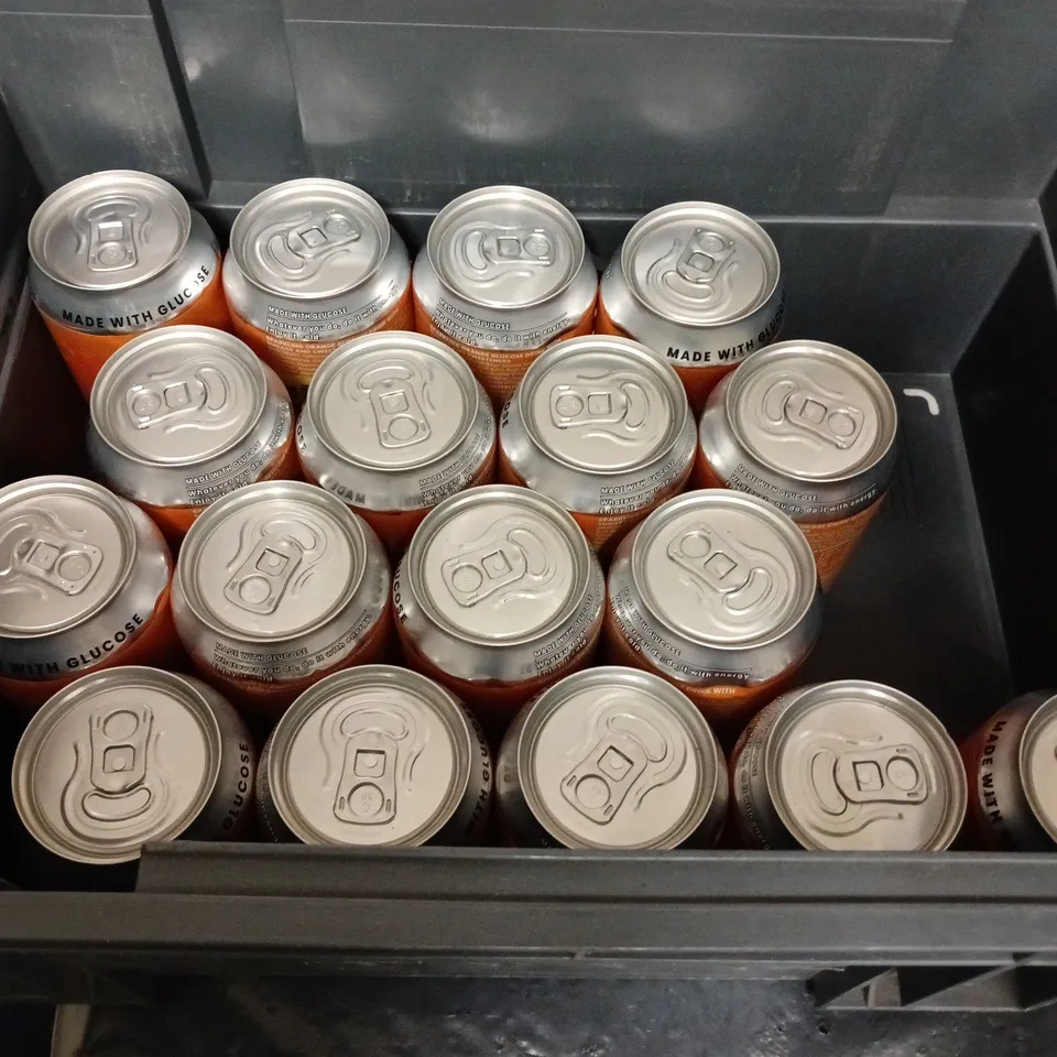 LOT OF 21 330ML CANS OF LUCOZADE ORANGE