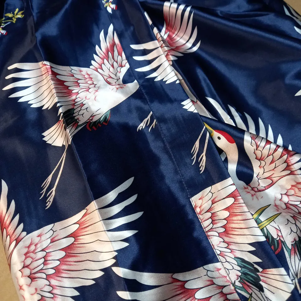 DESIGNER NAVY SATIN/BIRD PRINT LIGHT WEIGHT DRESSING GOWN