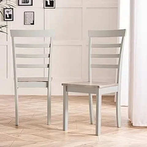 BOXED FURNITUREBOX UK 2X WHITBY WASH AND GREY WOODEN DINING CHAIRS, SOLID RUBBERWOOD, WARM STAINED FINISH, LADDERBACK DESIGN, WHITE