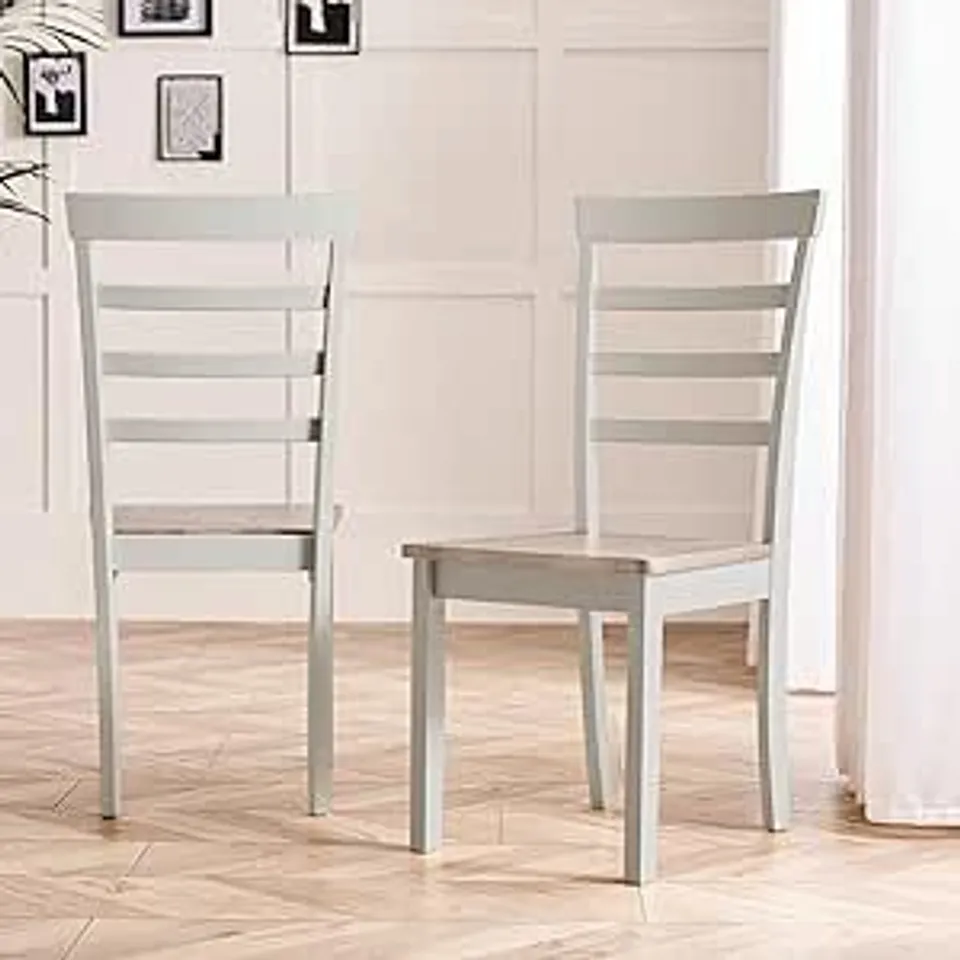BOXED FURNITUREBOX UK 2X WHITBY WASH AND GREY WOODEN DINING CHAIRS, SOLID RUBBERWOOD, WARM STAINED FINISH, LADDERBACK DESIGN, WHITE