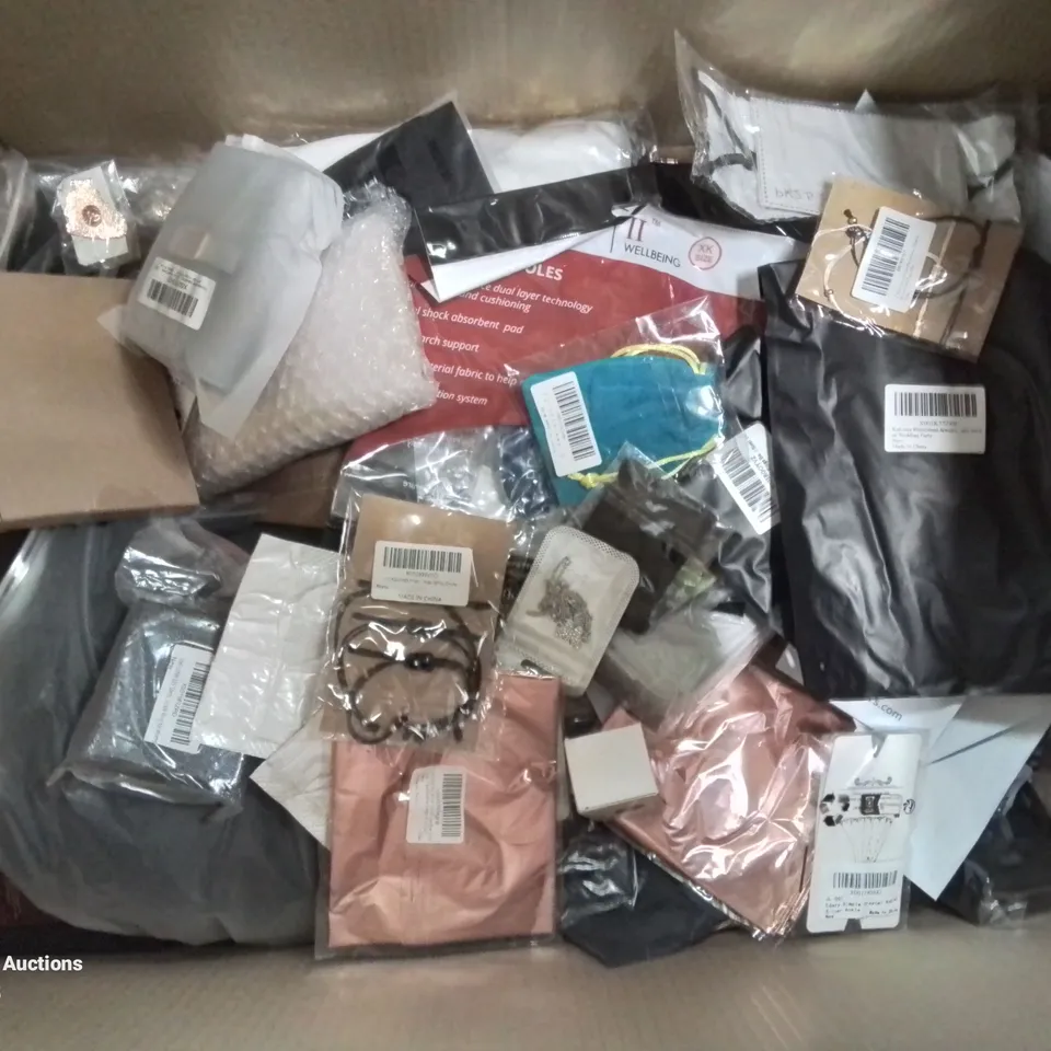 BOX CONTAINING LARGE AMOUNT OF MIXED FASHION ITEMS, SILVER PLATE AND COSTUME JEWELLERY, CLOTHING ITEMS ETC.