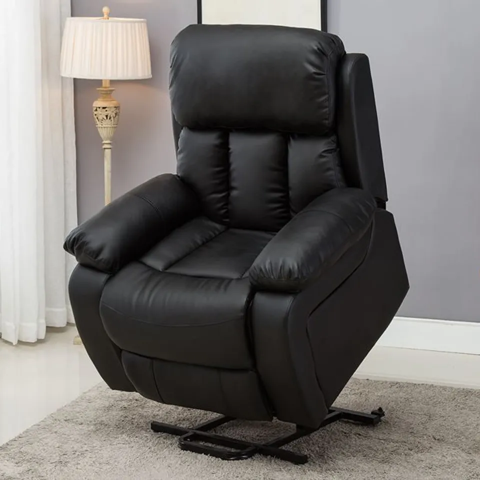 BOXED BLACK FAUX LEATHER RISE & RECLINING EASY CHAIR (2 BOXES)