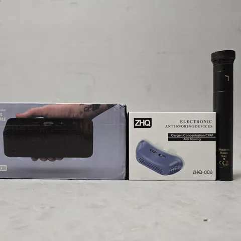 APPROXIMATELY 8 ASSORTED ITEMS TO INCLUDE - UNBRANDED PORTABLE SPEAKER , ZHQ ELECTRONIC ANTI SNORING DEVICE ETC
