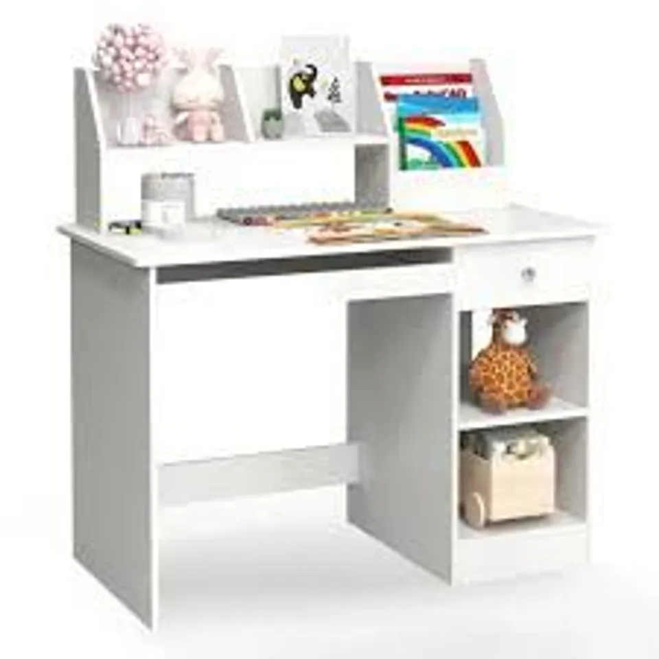 BOXED COSTWAY KIDS STUDY DESK CHILDREN WRITING TABLE WITH HUTCH DRAWER SHELVES AND KEYBOARD TRAY - WHITE