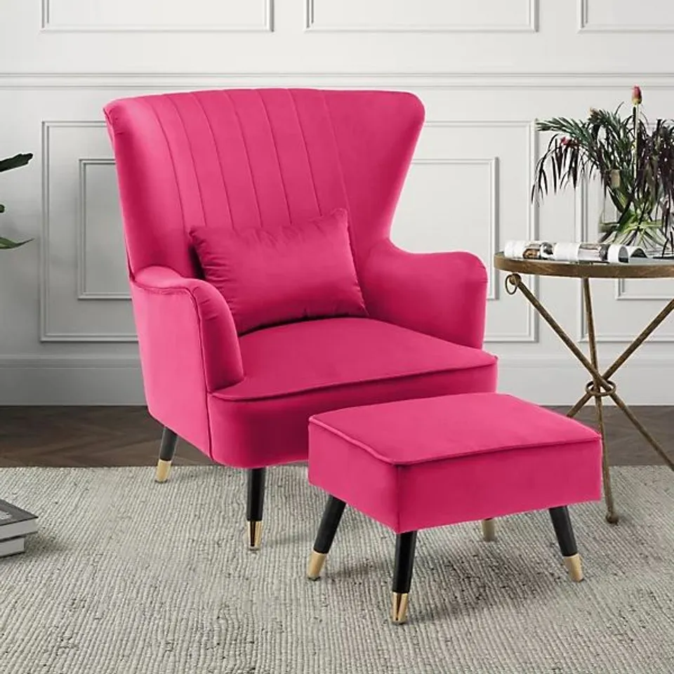 BOXED CAMILA VELVET CHAIR WITH FOOTSTOOL - DARK PINK (1 BOX)