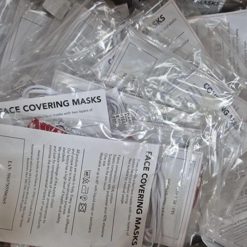 BOX OF APPROXIMATELY 150 ASSORTED UNBRANDED FACE COVERINGS AND MASKS IN VARIOUS STYLES AND COLOURS