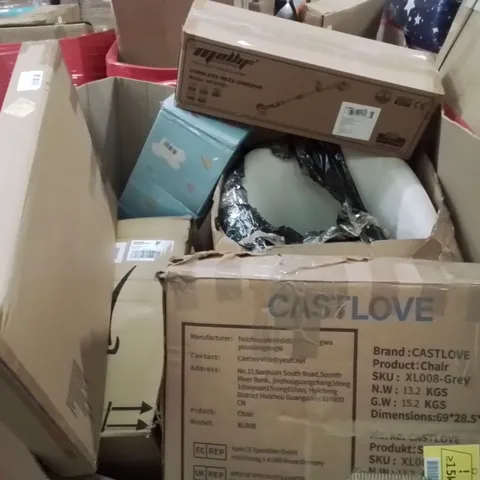 PALLET CONTAINING VARIOUS ASSORTED BOXED HOUSEHOLD ITEMS TO INCLUDE: DINING CHAIRS, REALISTIC BABY DOLL, CORDLESS WEED SWEEPER AND LOTS MORE UNMARKED BOXED ITEMS 