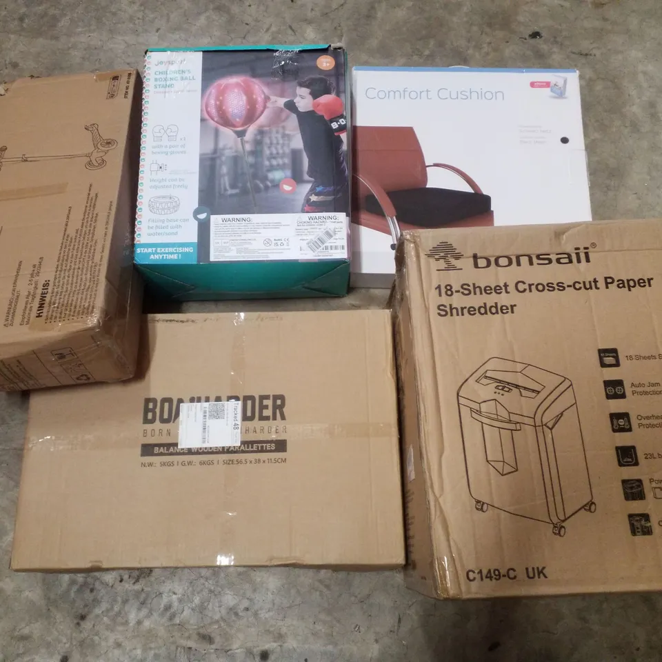 PALLET CONTAINING ASSORTED PRODUCTS INCLUDING PAPER SHREDDER, BALANCE WOODEN PARALLETTES, CHILDRENS SCOOTER, CHILDRENS BOXING BALL STAND & SEAT CUSHION