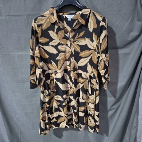 WHITE STUFF PETITE WOMEN'S DRESS – BLACK & TAN LEAF PRINT, UK 14P (EU 42P)