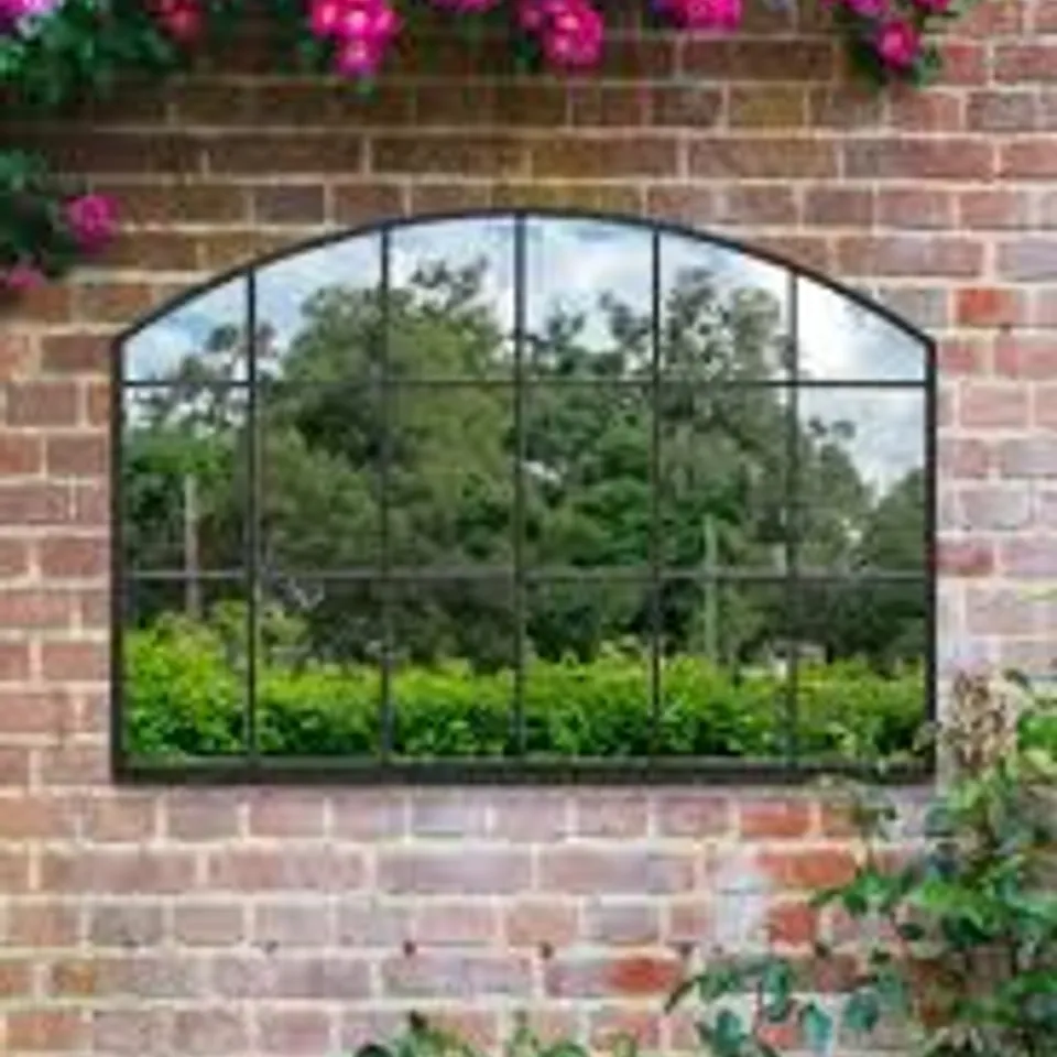 BOXED MIRROROUTLET THE ARCUS BLACK FRAMED ARCHED GARDEN WALL MIRROR 110 X 75CM
