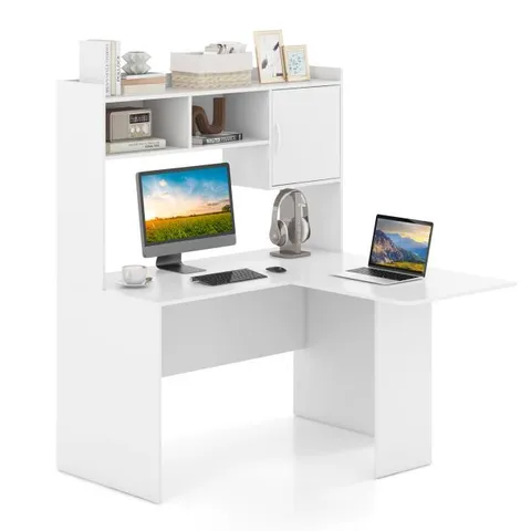BOXED L SHAPED DESK WITH OPEN STORAGE HUTCH AND SHELVES CABINET WHITE