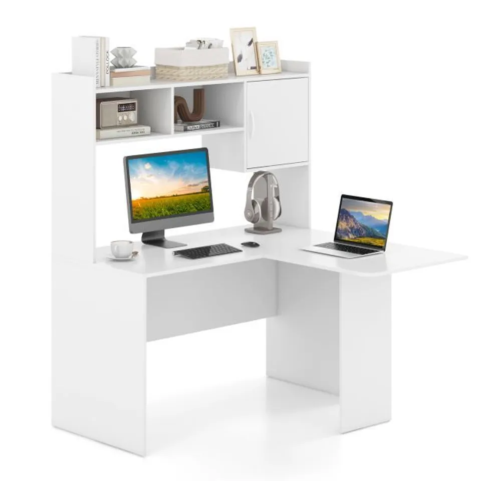 BOXED L SHAPED DESK WITH OPEN STORAGE HUTCH AND SHELVES CABINET WHITE