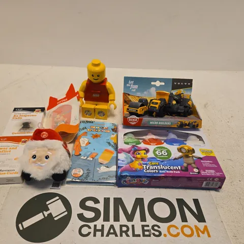 LARGE QUANTITY OF TOYS AND ACCESSORIES TO INCLUDE; TONIES COCOMELON FIGURE, LEGO LAMP, DICKIE MICRO BUILDERS, AQUA GELS CORE TRANSLUCENT COLOURS, OKAY CAT STICKER PADS AND GCSE REVISION CARDS
