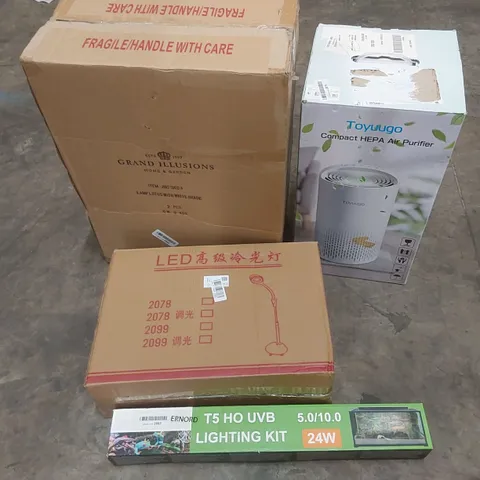 PALLET OF ASSORTED HOUSEHOLD ITEMS AND CONSUMER PRODUCTS TO INCLUDE; LIGHTING PRODUCTS, AIR PURIFIER, BOXED FURNITURE ETC 
