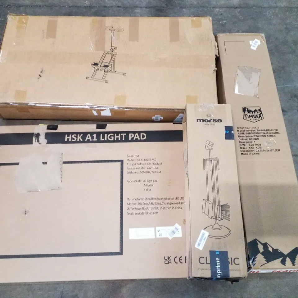 PALLET CONTAINING ASSORTED PRODUCTS INCLUDING FOLDING TABLE, HSK A1 LIGHT PAD, FIREPLACE ACCESSORIES, ELLIPTICAL 