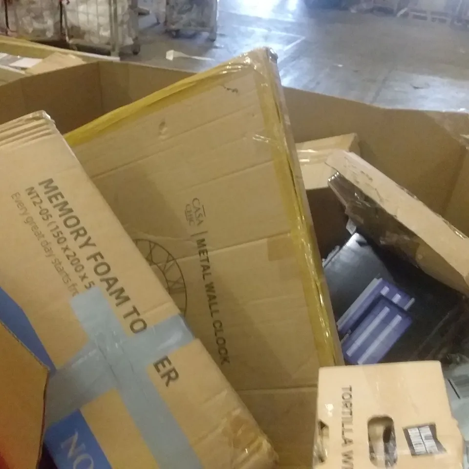 PALLET OF ASSORTED ITEMS INCLUDING METAL WALL CLOCK, ZAPMATIK , STORAGE BASKET ,FOLDER,CHOPPING BOARD SET 