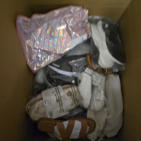 BOX OF APPROXIMATELY 12 PAIRS OF ASSORTED SHOES IN VARIOUS COLOUR, STYLES AND SIZES