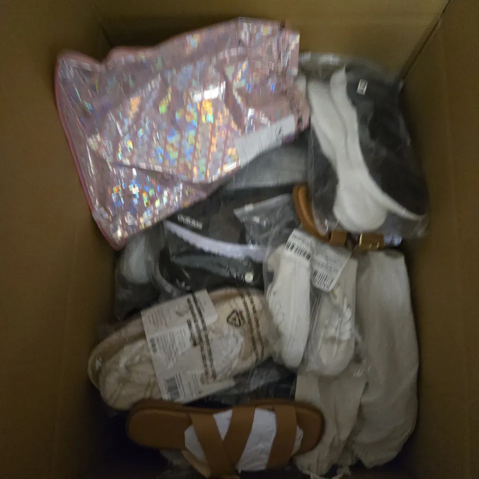 BOX OF APPROXIMATELY 12 PAIRS OF ASSORTED SHOES IN VARIOUS COLOUR, STYLES AND SIZES