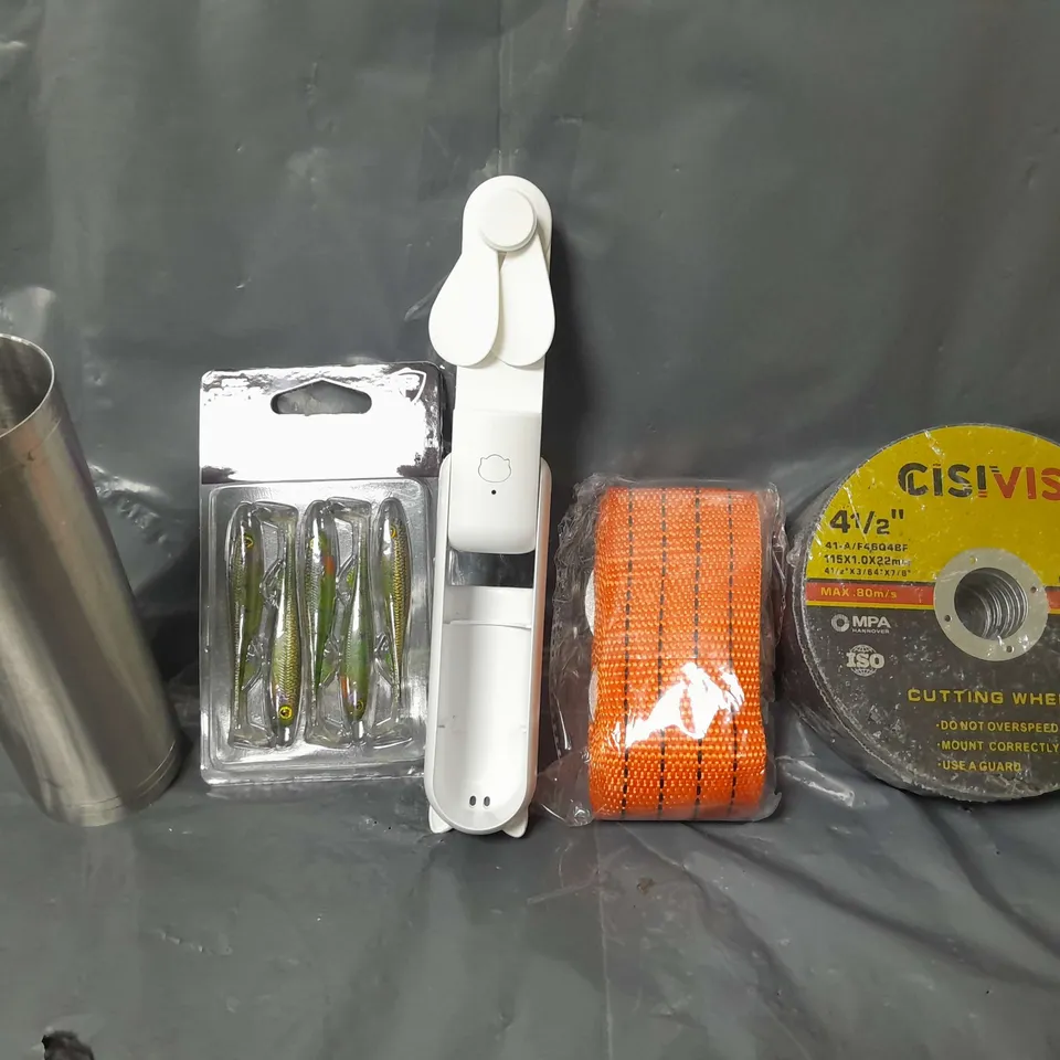 BOX OF APPROXIMATELY 8 ASSORTED ITEMS TO INCLUDE - CISIVIS CUTTING WHEEL , PORTABLE FAN , FOX RAGE STICKLEBACK ETC