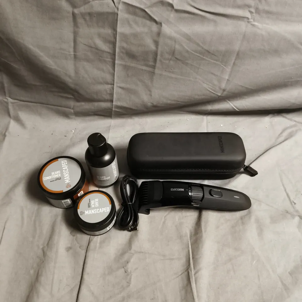 MANSCAPED LOT OF 4 ASSORTED BEARD GROOMING PRODUCTS TO INCLUDE - TRIMMER - BEARD BALM - BEARD CONDITIONER - BEARD SHAMPOO