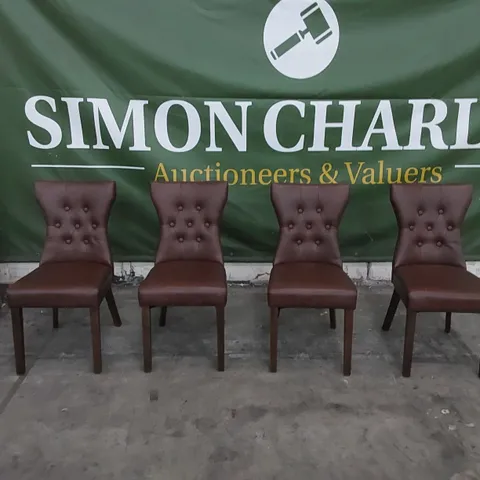 SET OF 4 BEWLEY CLUB BROWN LEATHER BUTTON BACK DINING CHAIRS - DARK LEGS 