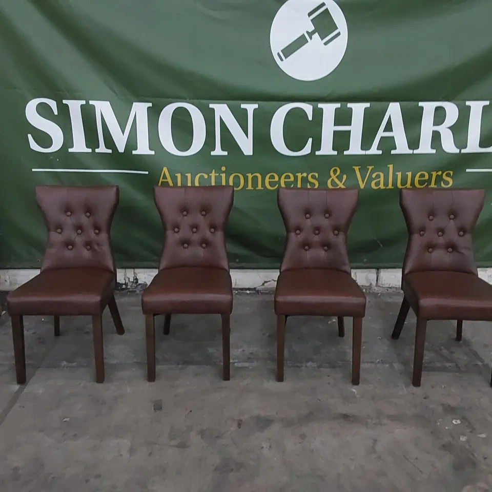 SET OF 4 BEWLEY CLUB BROWN LEATHER BUTTON BACK DINING CHAIRS - DARK LEGS 