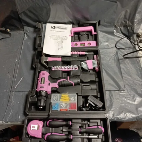 FADAKWALT PINK CORDLESS DRILL KIT WITH ACCESSORIES IN CARRY CASE 