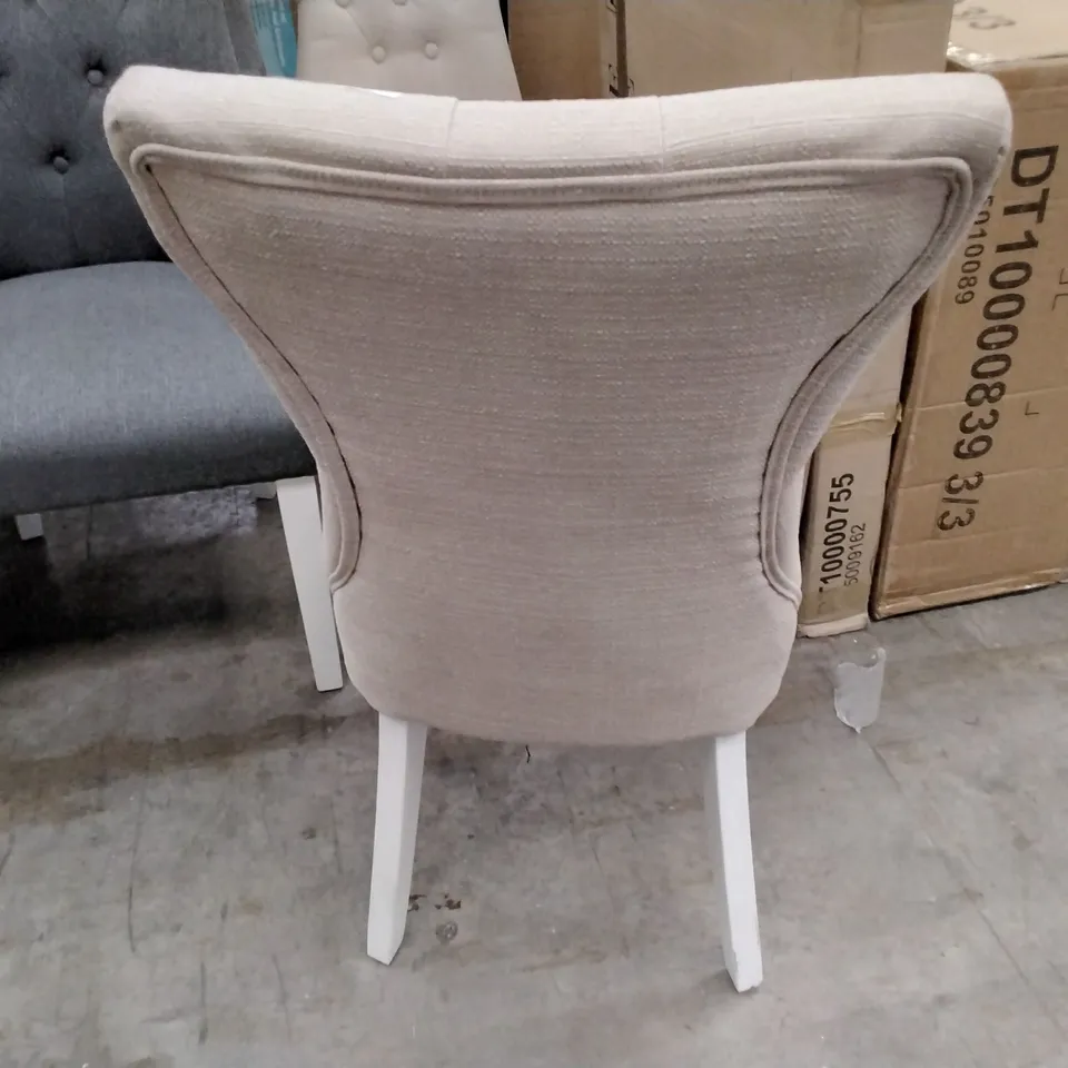 2 DESIGNER CREAM FABRIC CHAIRS WITH WHITE LEGS