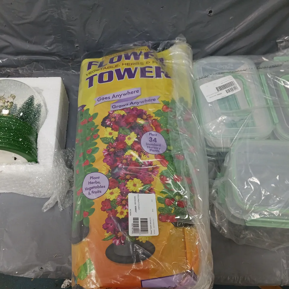CAGE OF APPROXIMATELY 10 ASSORTED HOUSEHOLD ITEMS TO INCLUDE - FLOWER TOWER SET OF 2, LOCKNLOCK FOOD CONTAINERS, AND SANTA EXPRESS SNOW GLOBE ETC.