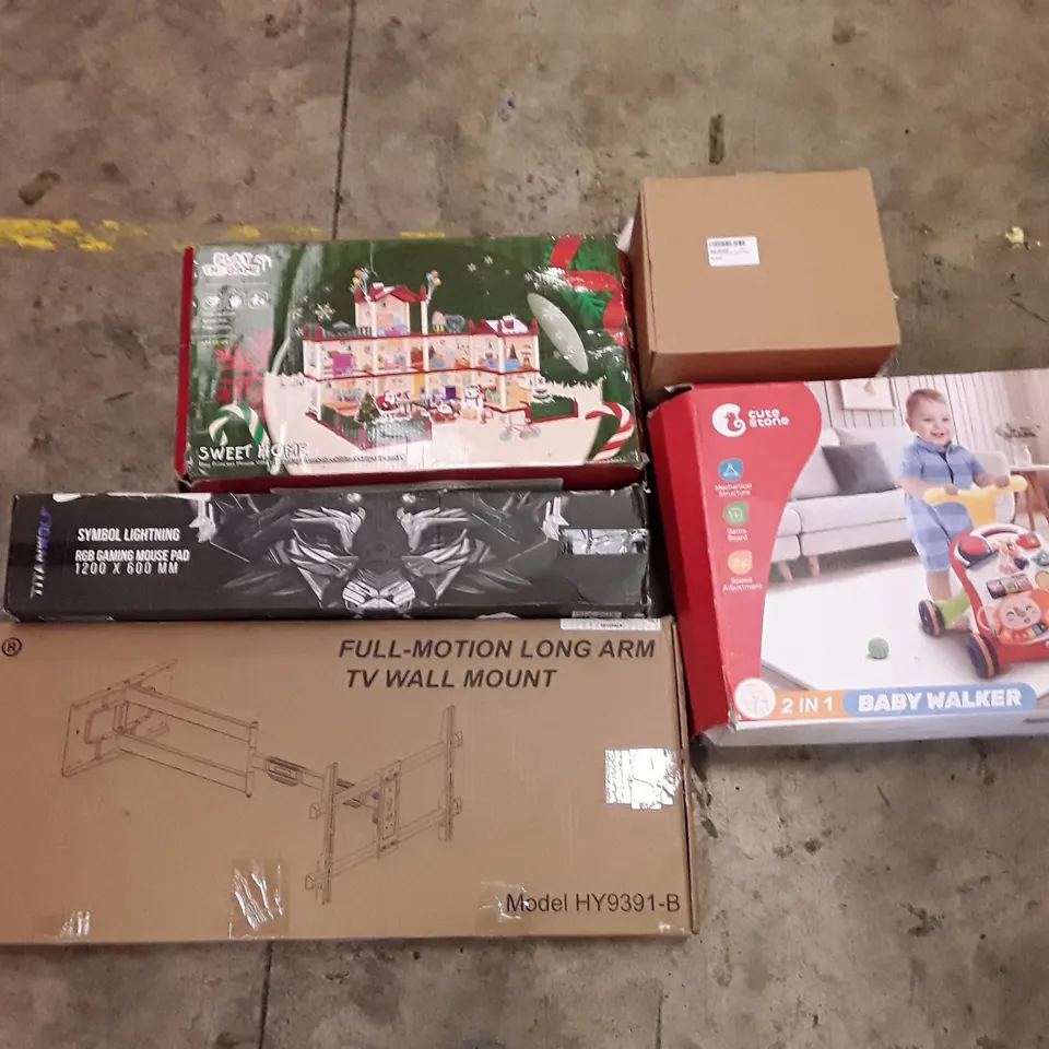 PALLET OF ASSORTED PRODUCTS INCLUDING BABY WALKER TOY, FULL-MOTION TV WALL MOUNT, GAMING MOUSE PAD, WAX MOULDS, KIDS CHRISTMAS PLAY SET