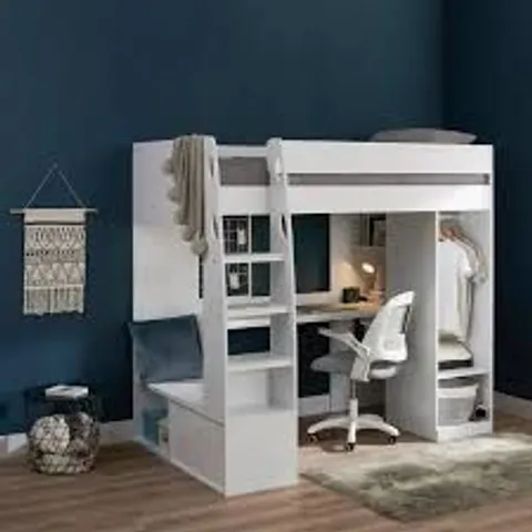 BOXED FLAIR HARRY HIGH SLEEPER WITH DESK & WARDROBE - WHITE (5 BOXES)