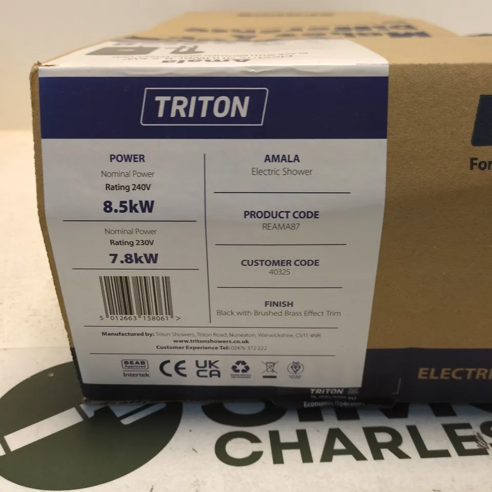TRITON AMALA ELECTRIC SHOWER 8.5 KW – BLACK WITH BRUSHED BRASS TRIM, BOXED