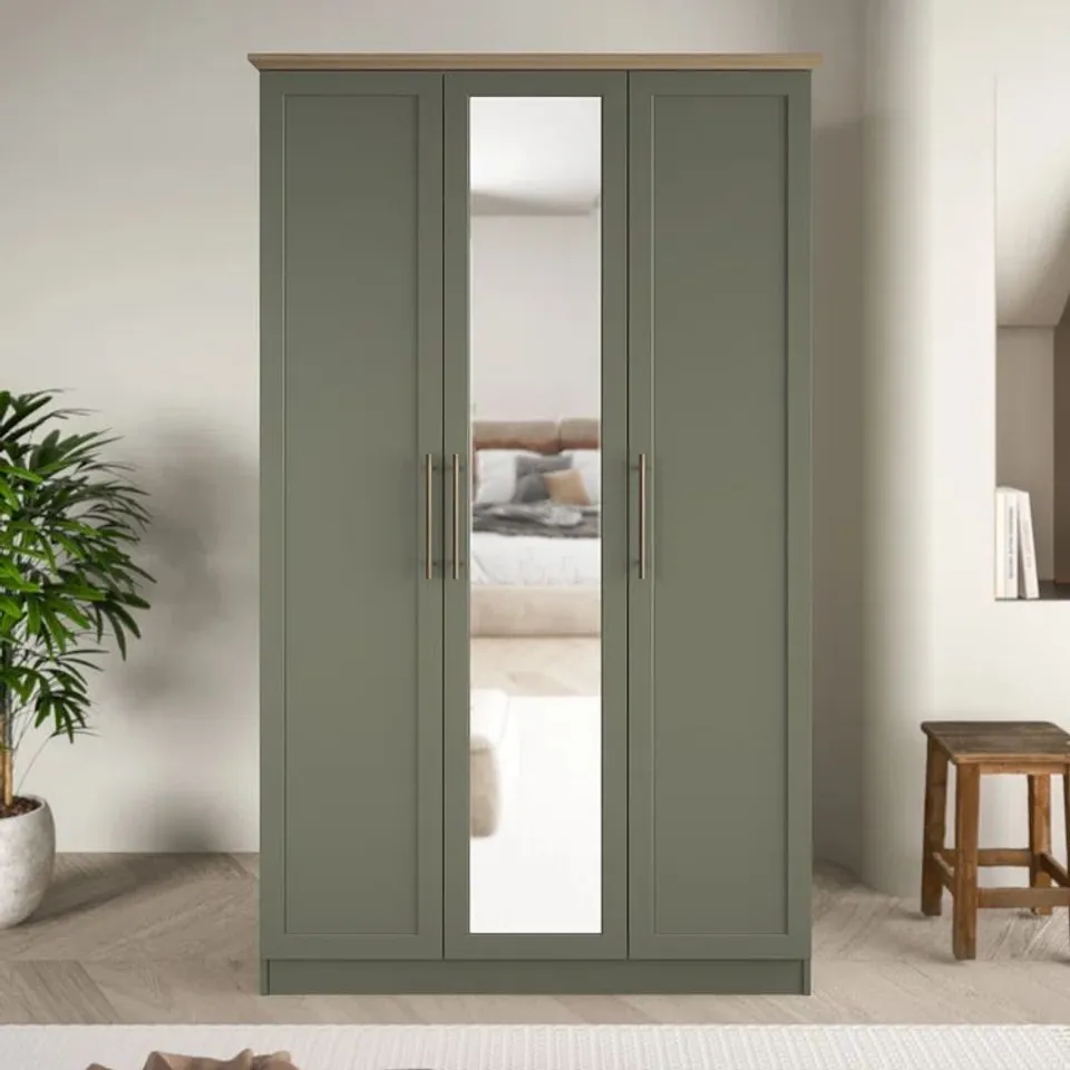 BOXED CLEVERDON 3 DOOR WARDROBE WITH MIRROR - DARK GREEN/OSLO OAK (2 BOXES)