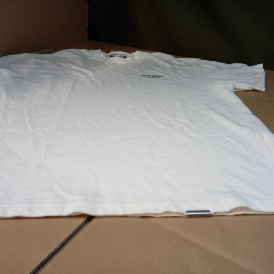REPRESENT OFF WHITE/SLOGAN OVERSIZED T-SHIRT - SMALL