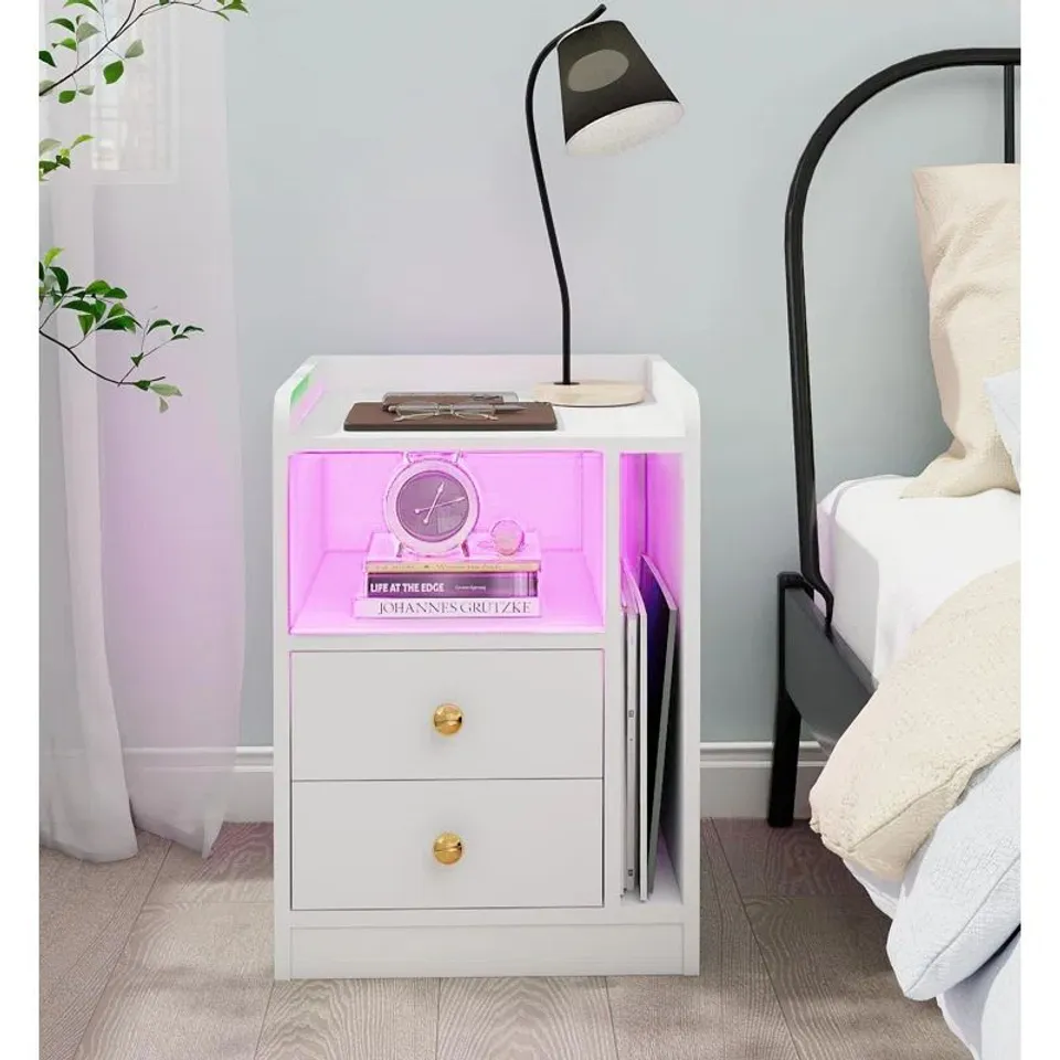 BOXED METRO LANE 2 DRAWERS LED BEDSIDE TABLE WITH CHARGING STATION - WHITE (1 BOX)