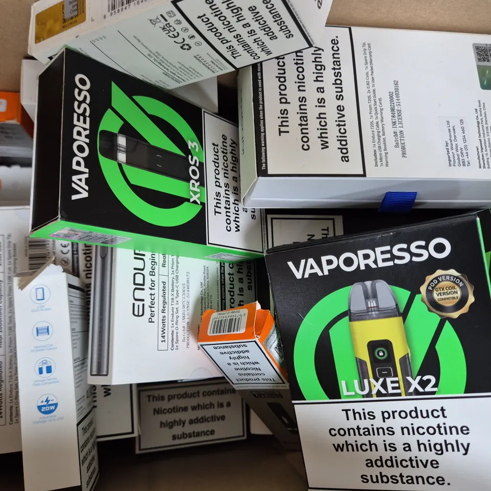 BOX OF APPROXIMATELY 20 ASSORTED VAPING ITEMS AND PRODUCTS TO INCLUDE VAPORESSO, ASPIRE, ETC