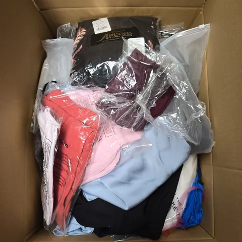 LARGE BOX OF APPROXIMATELY 20 ASSORTED CLOTHING ITEMS IN VARIOUS SIZES, STYLES AND COLOUR