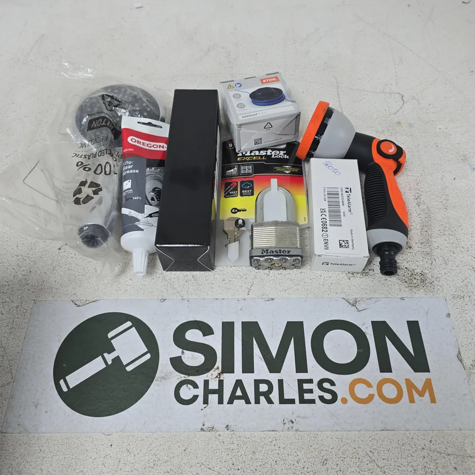 APPROXIMATELY 12 ASSORTED HOUSEHOLD ITEMS TO INCLUDE MASTERLOCK EXCELL, OREGON, GEAR GREASE, HOSE GUN HEAD, ETC