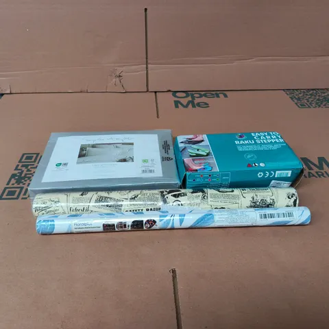 BOX OF APPROXIMATELY 20 ASSORTED ITEMS TO INCLUDE RAKU STEPPER, PILLOWCASE PAIR, SHELF AND DRAWER LINER ETC