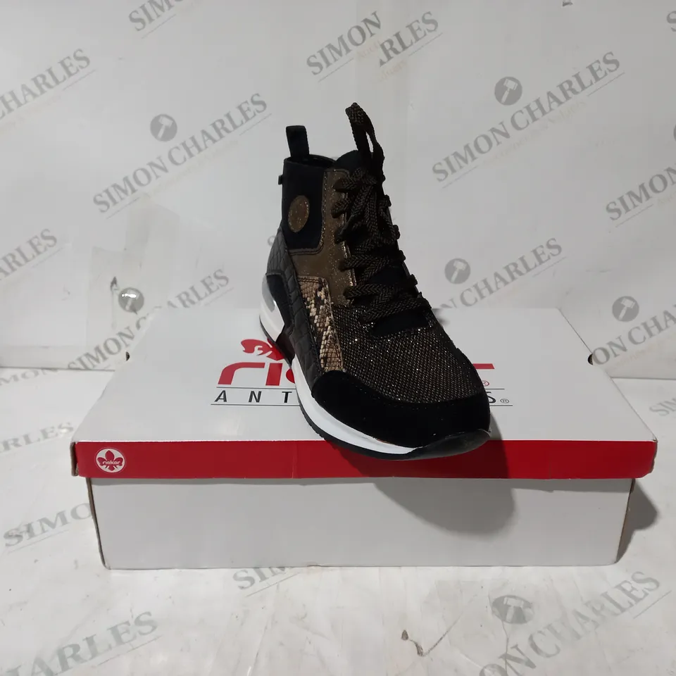 BOXED PAIR OF RIEKER HIGH TOP MIX MATERIAL TRAINER BOOTS IN BLACK UK SIZE 6